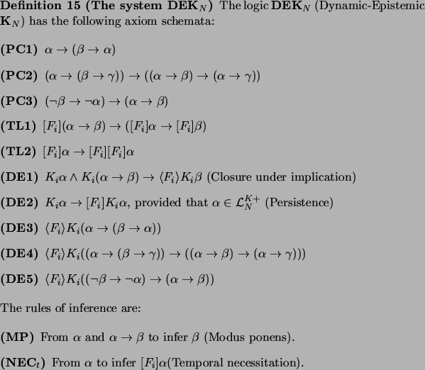 \begin{definition}[The system \textbf{DEK$_N$}]
\par The logic \textbf{DEK$_N$} ...
...fer $[F_i]\alpha$(Temporal necessitation).
\par\end{description}\end{definition}