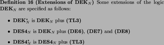 \begin{definition}[Extensions of \textbf{DEK$_N$}]
\par Some extensions of the l...
...} is \textbf{DES4$_N$} plus \textbf{(TL3)}
\par\end{itemize}\par\end{definition}